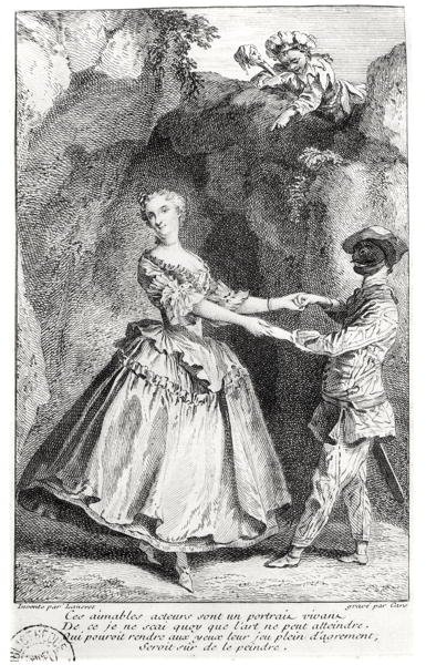 Arlecchino e Colombina in una commedia di Louis de Boissy (1694-1758) incisa da Laurent Cars (1699-1771) da Nicolas after Lancret